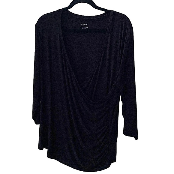 🖤 Grace Jersey Knit 3/4 Sleeve Surplice Faux Wrap Top, Black, Plus-Size 2X - Picture 1 of 11